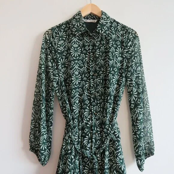 ZARA Sheer Leaf Print Belted Button Front Dress in Forest Green Boho - Size S - Picture 5 of 16